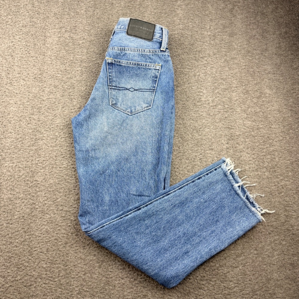 Lucky Brand Drew High Rise Mom Jeans Blue Medium Wash Ankle Raw Hem Size 25